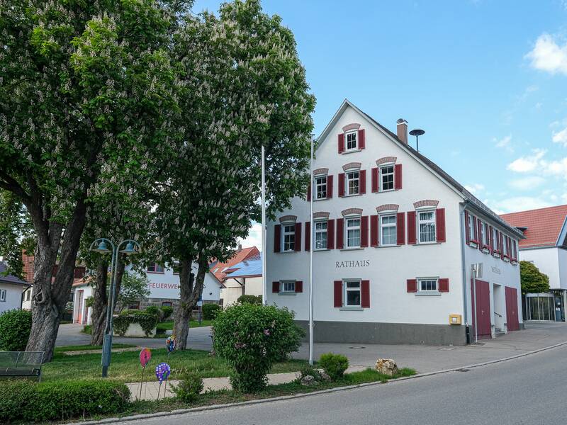 Ein zweistöckiges Rathaus mit roten Fensterläden steht neben einem großen Baum, umgeben von grünen Büschen, unter blauem Himmel.