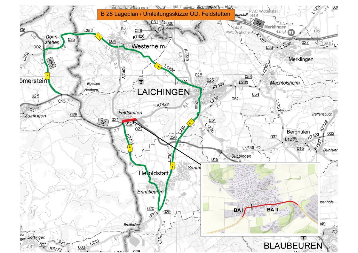 Die Karte zeigt einen Umleitungsplan für die B28 bei Feldstetten mit grün markierten Umleitungsstrecken und rot gekennzeichnetem gesperrten Bereich.