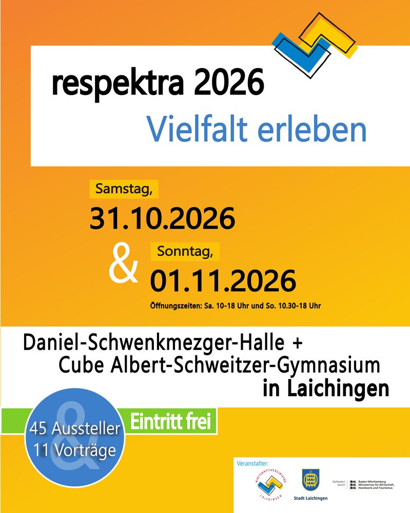 Das Poster kündigt die Veranstaltung "respektra 2026 – Vielfalt erleben" am 31.10. und 01.11.2026 in Laichingen an, mit kostenfreiem Eintritt, 45 Ausstellern und 11 Vorträgen.